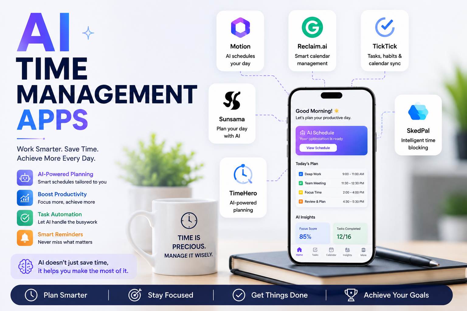 Workspace with calendar, clock, and AI planning tools for time management