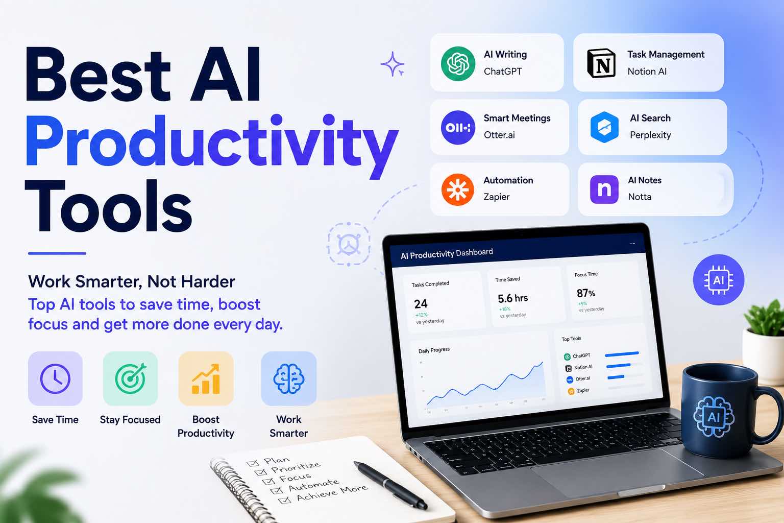 Person working at a laptop with AI productivity tools and charts on screen