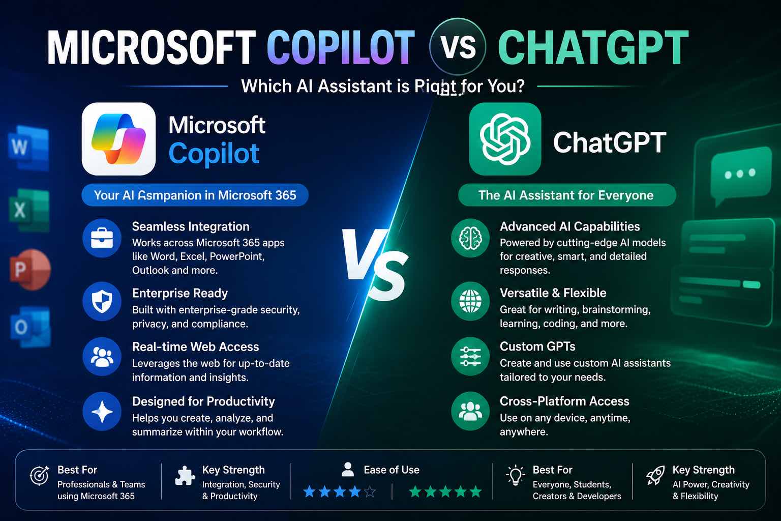Side-by-side comparison visual for Microsoft Copilot and ChatGPT